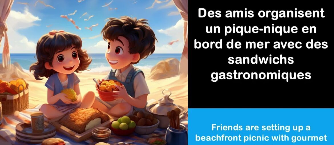 Say it in French I Friends are setting up a beachfront picnic with gourmet sandwiches Say it in French I Friends are setting up a beachfront picnic with gourmet sandwiches