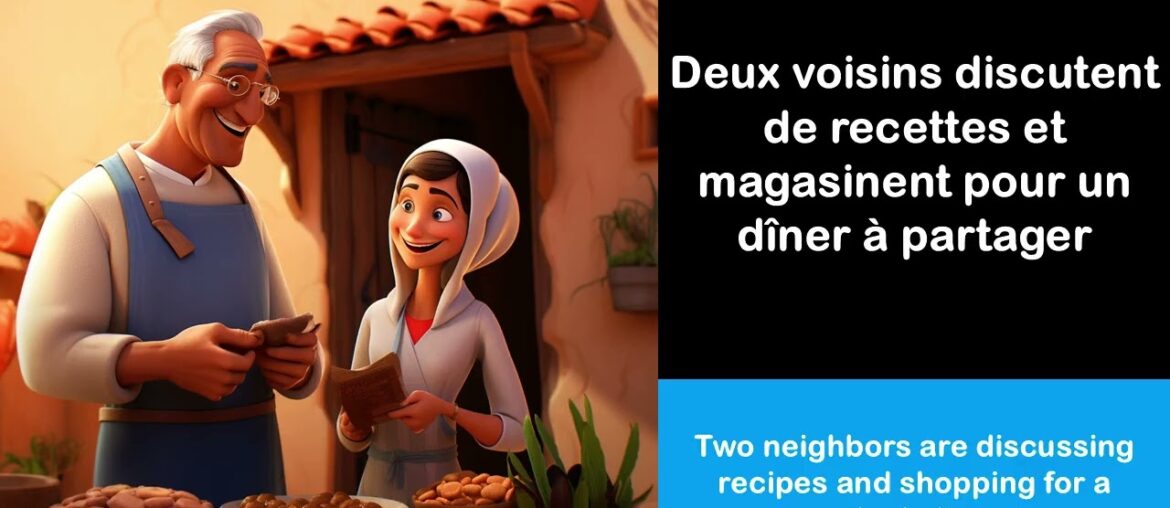 Say it in French I Two neighbors are discussing recipes and shopping for a potluck dinner