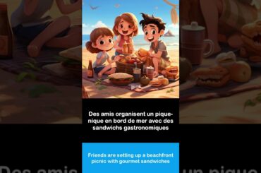 Say it in French I Friends are setting up a beachfront picnic with gourmet sandwiches