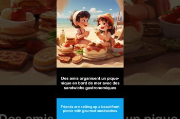 Say it in French I Friends are setting up a beachfront picnic with gourmet sandwiches