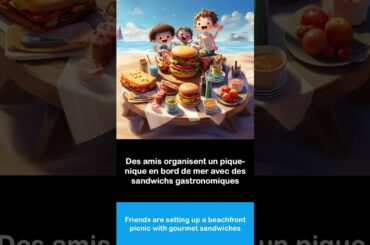 Say it in French I Friends are setting up a beachfront picnic with gourmet sandwiches