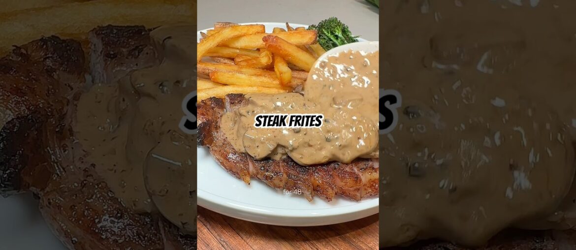 STEAK FRITES w creamy mushroom black peppercorn sauce & truffle fries! #steakfrites #viralfood