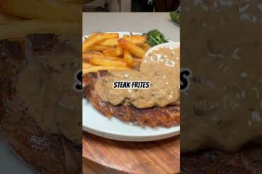 STEAK FRITES w creamy mushroom black peppercorn sauce & truffle fries! #steakfrites #viralfood