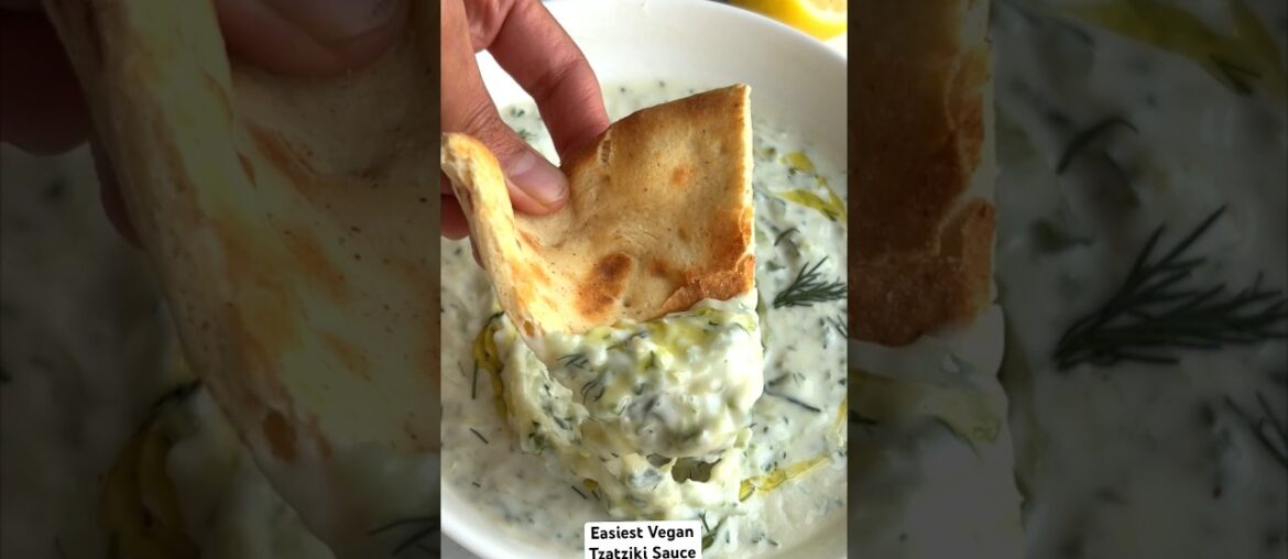 NO PEELING YOUR CUCUMBERS for this 5-Ingredient Easy Vegan Tzatziki sauce recipe. Delicious in wraps NO PEELING YOUR CUCUMBERS for this 5-Ingredient Easy Vegan Tzatziki sauce recipe. Delicious in wraps