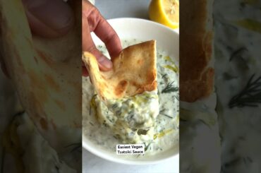 NO PEELING YOUR CUCUMBERS for this 5-Ingredient Easy Vegan Tzatziki sauce recipe. Delicious in wraps