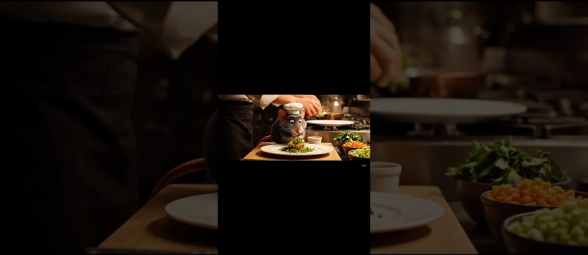Remy the rat from Ratatouille preparing a gourmet dish in a French restaurant kitchen. #ai #remy