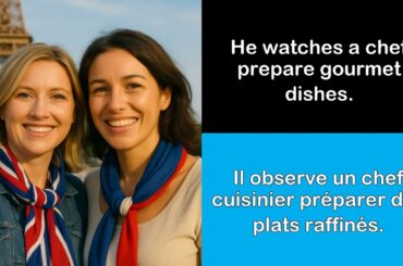 Say it in French I He watches a chef prepare gourmet dishes