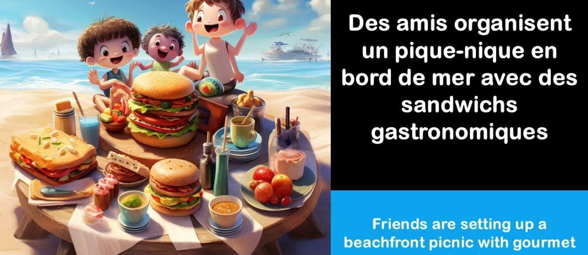 Say it in French I Friends are setting up a beachfront picnic with gourmet sandwiches