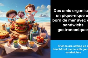 Say it in French I Friends are setting up a beachfront picnic with gourmet sandwiches