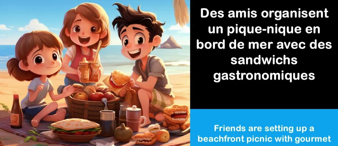 Say it in French I Friends are setting up a beachfront picnic with gourmet sandwiches