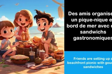 Say it in French I Friends are setting up a beachfront picnic with gourmet sandwiches