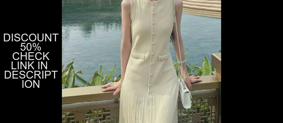 French Knitted Small Fragrance Sleeveless Dress Women Beige Beaded Sweet Fashion Vintage Wine Slim E