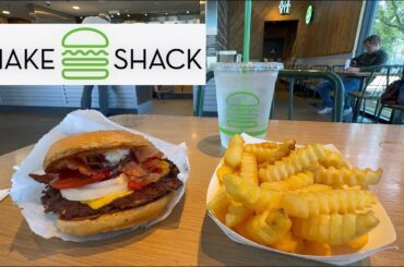 Shake Shack Eating SmokeShack Cheese Burger With Bacon and Fries POV Mukbang