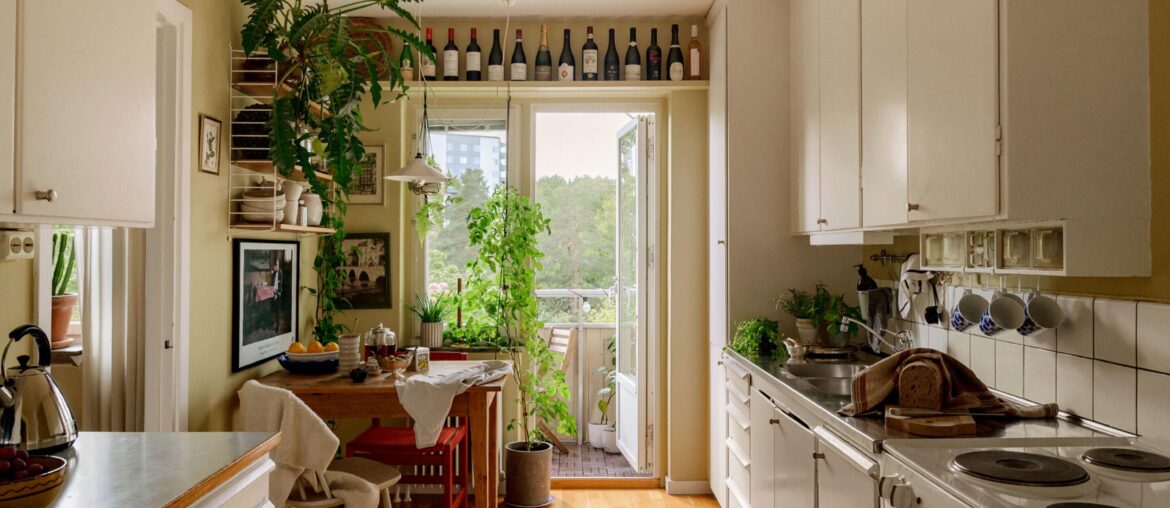 Kitchen full of natural light in a 1950s two-room apartment, Stockholm, Sweden [2879x1915]