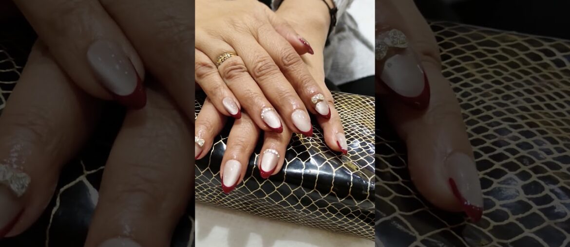 nail art French wine shade glitter stone Nail enjoy #love