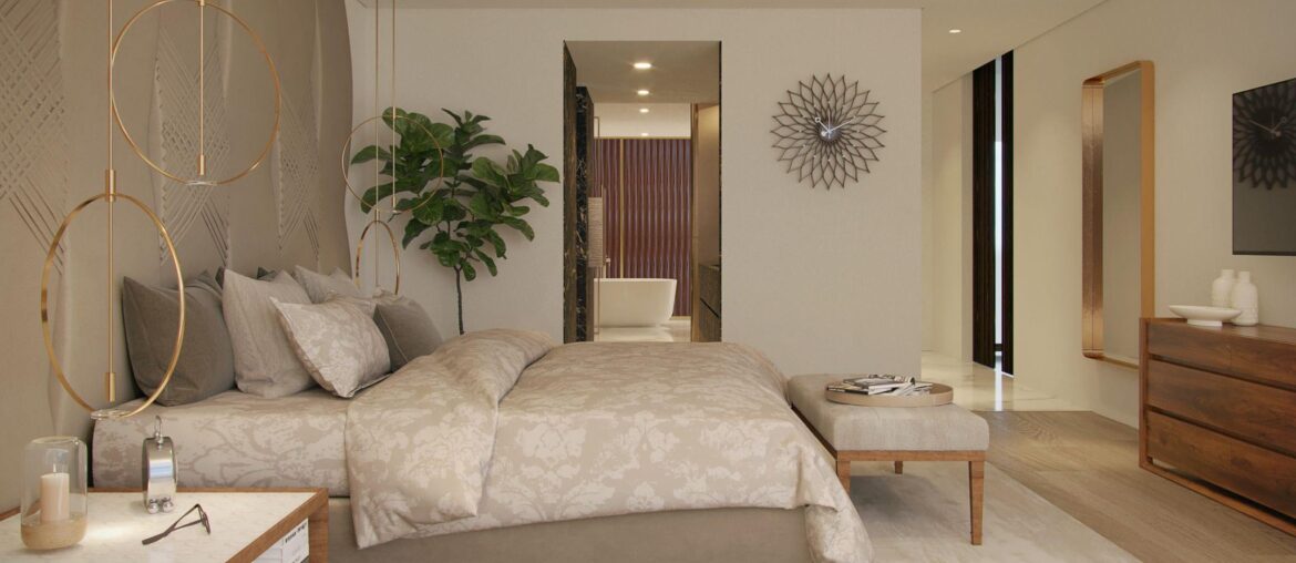 Bedroom with gold accents and a view into the ensuite bathroom, Lisbon, Portugal [2048x1152]