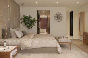 Bedroom with gold accents and a view into the ensuite bathroom, Lisbon, Portugal [2048x1152]