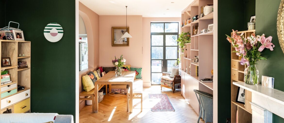 Green and soft pink interiors of a renovated Victorian house on Alston Road, Barnet, north London, UK [2400x1600]