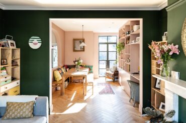 Green and soft pink interiors of a renovated Victorian house on Alston Road, Barnet, north London, UK [2400x1600]