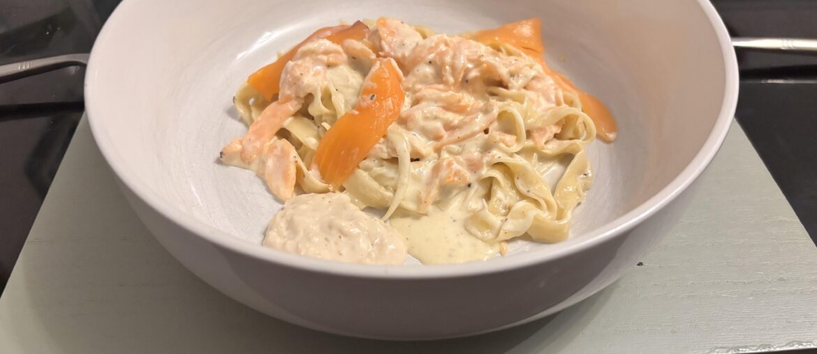 Creamed Smoked salmon homemade tagliatelle and horseradish sauce.