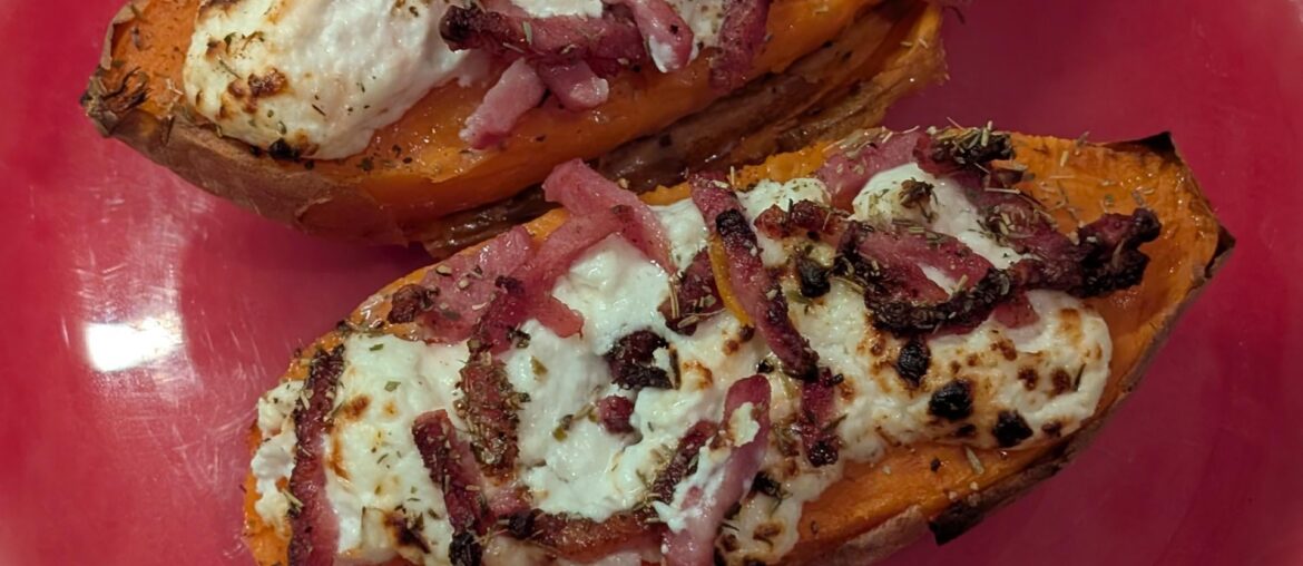 Roasted sweet potato with goat cheese and lardons
