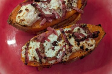 Roasted sweet potato with goat cheese and lardons