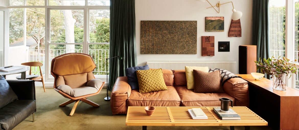 Light-filled living room in a renovated Mid-century modern residence originally designed by architect Charles Victor Dumbrell in 1959, Kew, Melbourne, Victoria, Australia [6250x3515]