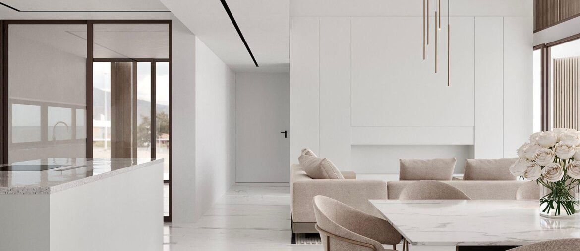 Living and dining area with soft beige accents and a linear fireplace, Lisbon Portugal [1638x2048]