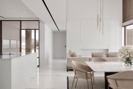 Living and dining area with soft beige accents and a linear fireplace, Lisbon Portugal [1638x2048]