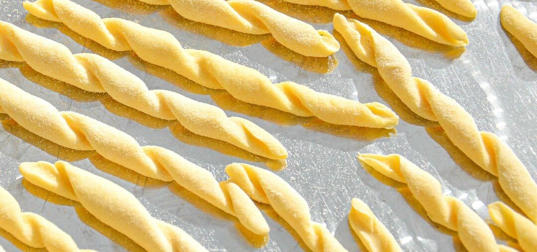 Fileja: a Calabrian spiral pasta served with spicy ’nduja tomato sauce with aubergine & red onion