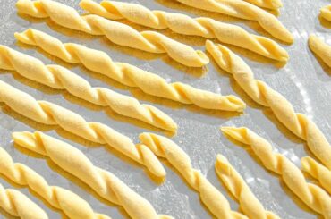 Fileja: a Calabrian spiral pasta served with spicy ’nduja tomato sauce with aubergine & red onion