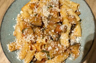 Rigatoni with eggplant, pecorino, carlic, onion, Tomatoes, fresh basil and Parmigiano Reggiano