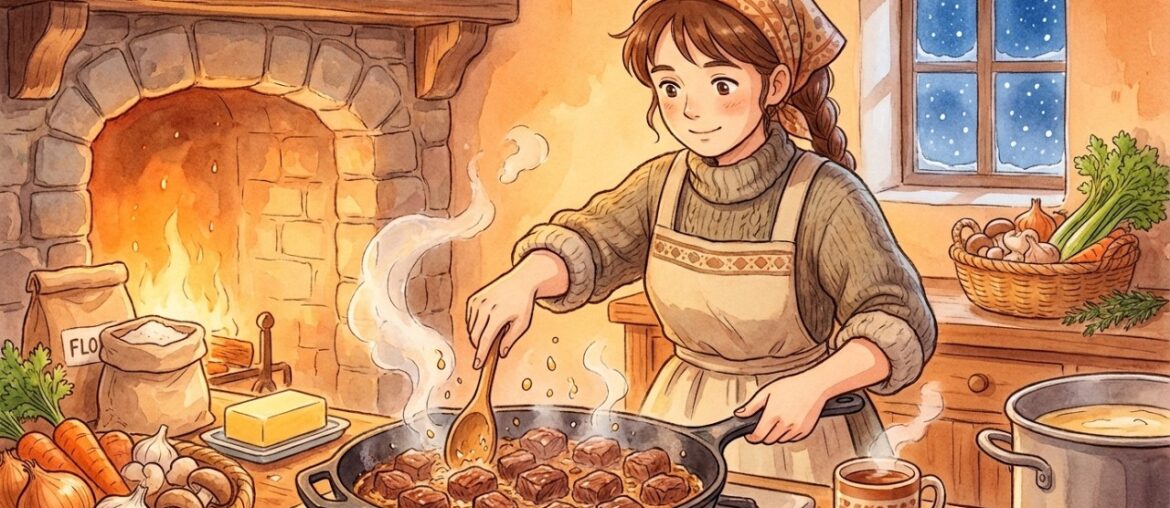 Slow Cooking in a French Stone Cottage: Beef Bourguignon | Ghibli Style Winter Vibes