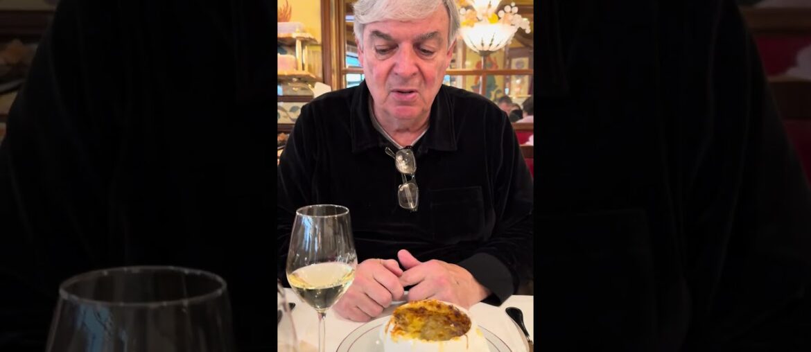 Glass of Chablis with Onion Soup Au Gratin at Paris Bistro Pied de Cochon