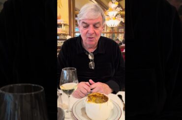 Glass of Chablis with Onion Soup Au Gratin at Paris Bistro Pied de Cochon