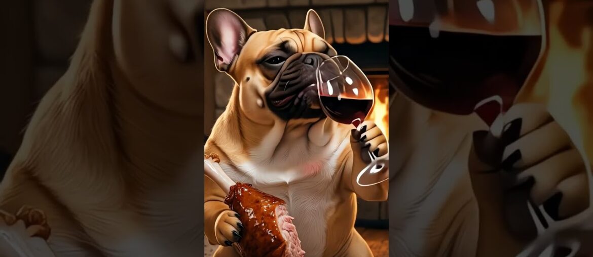 French Bulldog Roasts Pork Leg by Fireplace 🐶🔥🍷