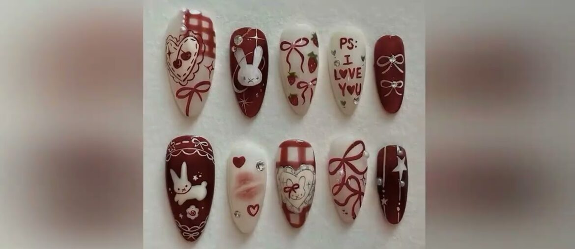 24PCS Wine Red Almond Press on Nails Cartoon Rabbit Bowknot with Plaid Pearl Designs French Fake Nai