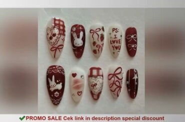 24PCS Wine Red Almond Press on Nails Cartoon Rabbit Bowknot with Plaid Pearl Designs French Fake Nai