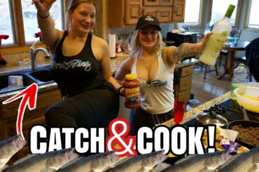 Ice Fishing In A BLIZZARD For A Tasty GOURMET MEAL!!! (Catch & COOK!!)