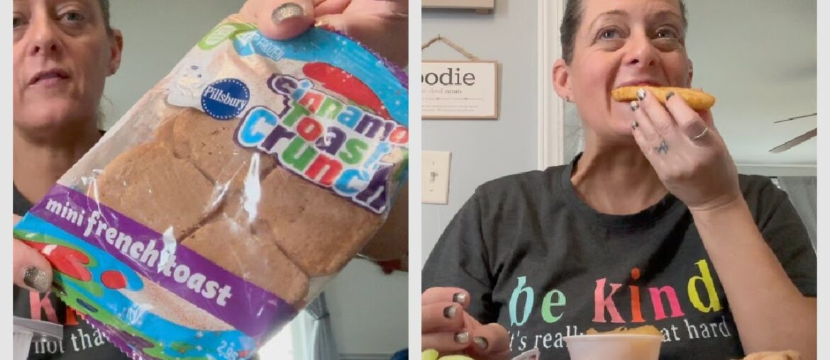 EATING SCHOOL LUNCH MUKBANG: FRENCH TOAST, SAUSAGE, HASHBROWN, BAKED APPLES | Angie's Life