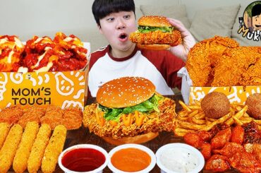 ASMR MUKBANG 맘스터치 양념 치킨먹방! 치즈 햄버거 치즈스틱 후라이드치킨 & 레시피 CRISPY FRIED CHICKEN CHEESE BURGER EATING SOUND!