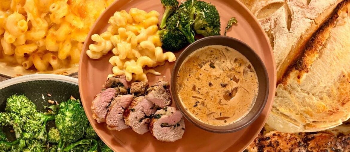 Pork Roulade Dinner with Mushroom Soup, Gourmet Mac & Cheese & Fresh Sourdough Bread
