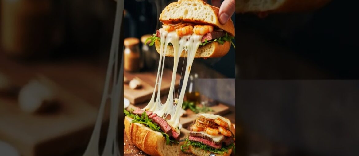 Surf & Turf Sandwich 🥪 Steak + Prawns + Sweet Onions | Easy Gourmet Recipe #steaksandwich #shorts