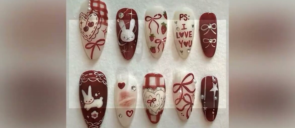 24PCS Wine Red Almond Press on Nails Cartoon Rabbit Bowknot with Plaid Pearl Designs French Fake Nai