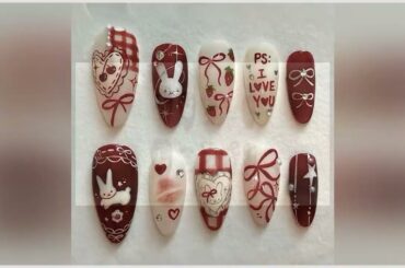 24PCS Wine Red Almond Press on Nails Cartoon Rabbit Bowknot with Plaid Pearl Designs French Fake Nai