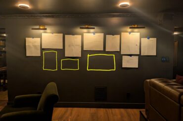 Hello everyone. This is my first time attempting a gallery wall. How does this look? Pieces of paper represent paintings I already have. Yellow squares represent paintings I would purchase in roughly the same size. All of these pieces are antique oil paintings with gold, ornate frames. Thank you!