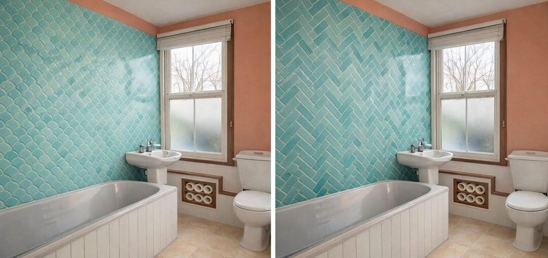 Which tiles for our bathroom? AI mock ups and current photo. Any other shapes we should consider?