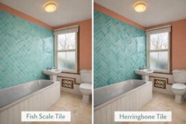 Which tiles for our bathroom? AI mock ups and current photo. Any other shapes we should consider?