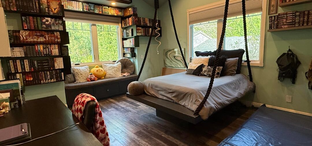 My Bedroom (and closeup of fully custom shelf I built with my dad!)