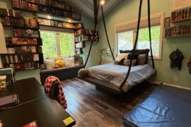 My Bedroom (and closeup of fully custom shelf I built with my dad!)